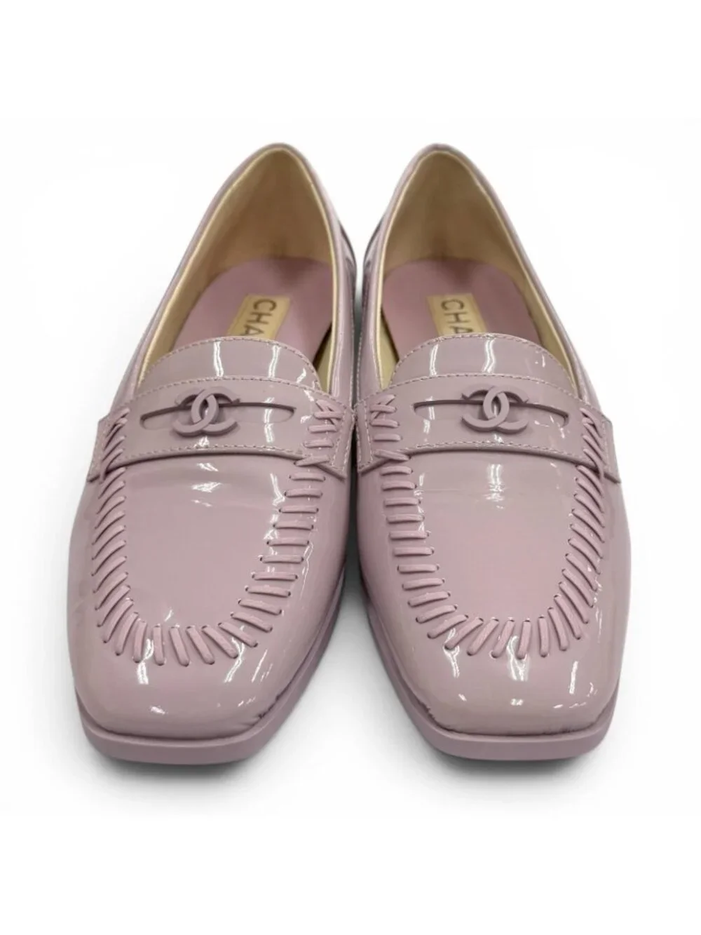 Chanel CC Logo Square Toe Patent Leather Loafers Purple